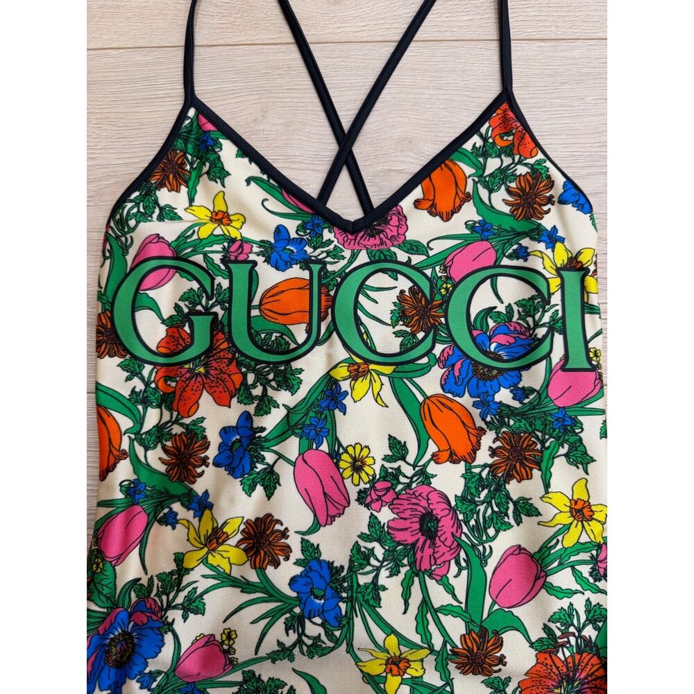 Gucci Floral Print Logo Green Criss Cross One Piece Swimsuit Bathingsuit S Small - Picture 6 of 14
